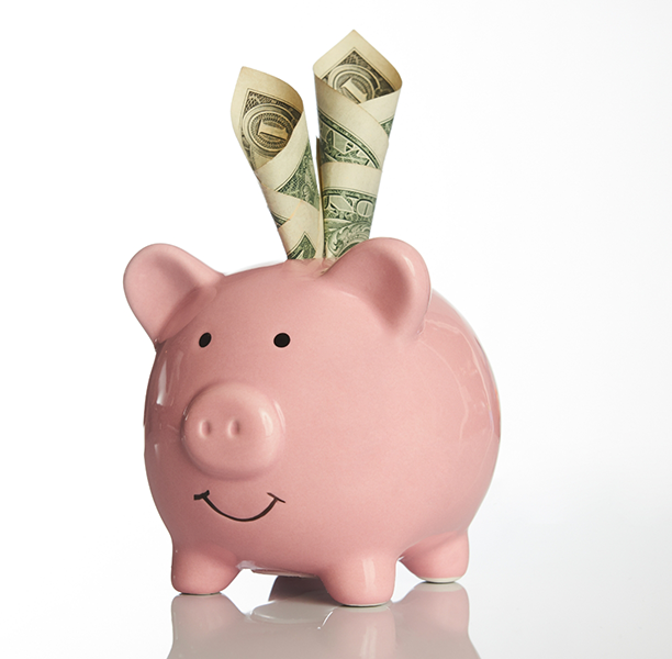 Folded dollar bills stuffed into a piggy bank