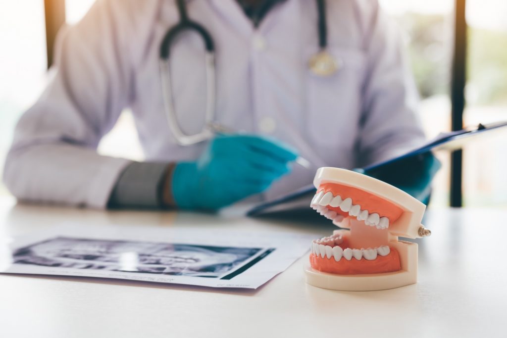 Model of dentures next to X-rays on dentist's desk