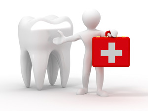 Illustration of tooth and person holding emergency kit