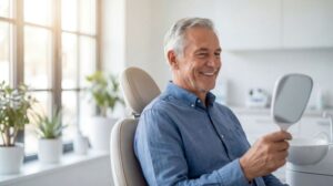 Senior patient admiring his smile in mirror 